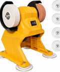 Cordless Bench Grinder Built Different For Heavy Duty Grinding With 200 Watts Of Raw Power Compatible With 20V Max Batteries Straight Up Tool Only In Bright Yellow with grinding wheels and suction cups.