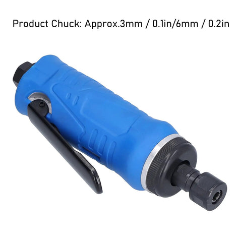 Pneumatic Right Angle Air Die Grinder With Sealed Ball Bearings Compact Design For Tight Spaces side view showcasing blue handle and chuck.