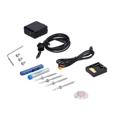 Top Tier Jauarta Mini Electric Soldering Iron Kit With Power Adapter Plus 4 Interchangeable Tips For Welding Work At Any Time Using USB Power Supply In Cool Blue Color - includes adapter, tips, and cables.