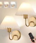 Two Pack Battery Operated Wall Sconces With Pleated Shades, USB Rechargeable Gooseneck Gold Finish Vanity Lights with remote