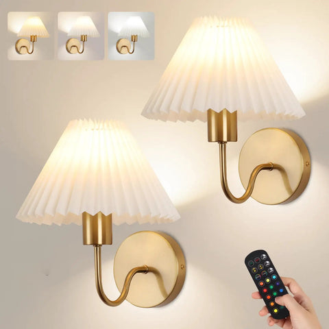 Two Pack Battery Operated Wall Sconces With Pleated Shades, USB Rechargeable Gooseneck Gold Finish Vanity Lights with remote