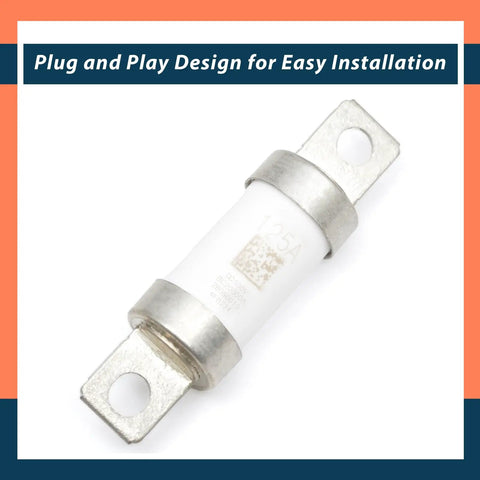 Straight Up Heavy Duty High Voltage Automotive Fuse Replacement For New Energy Electric Vehicles Using 500 Volt 2000 Amp Inline Block With Knockout Short Circuit Protection Gearhead Approved, 125 Amp fuse.