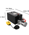 Lfgud 20 Quart Hydraulic Power Unit With Metal Tank 3200PSI Single Acting Pump And Control Remote 12V DC Motor side view showing metal tank and remote control.