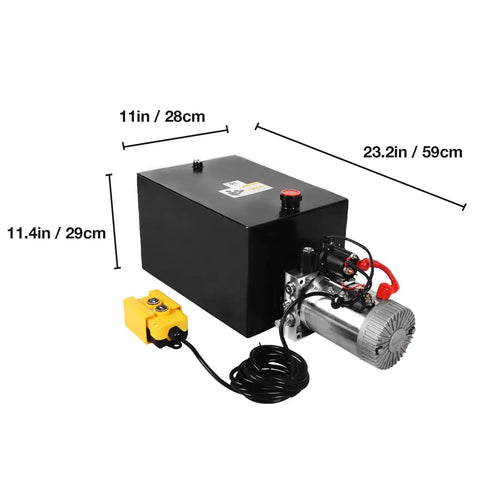 Lfgud 20 Quart Hydraulic Power Unit With Metal Tank 3200PSI Single Acting Pump And Control Remote 12V DC Motor side view showing metal tank and remote control.