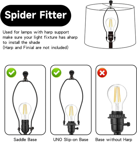 Illustration showing spider fitter for Light Gray Lamp Shade Set Of 2, 13x13x10 Inches, with correct and incorrect lamp bases