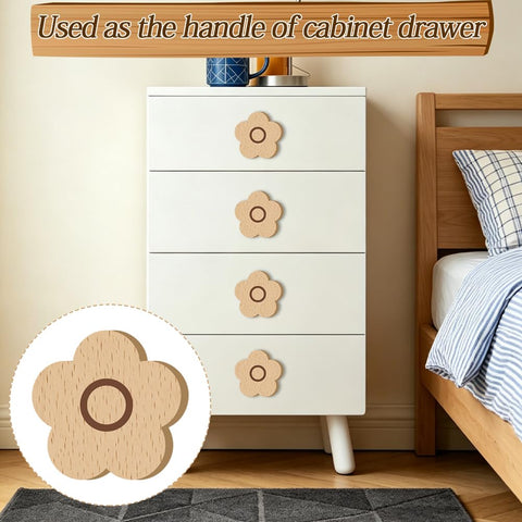 Flower Wooden Drawer Knobs Six Pack 2.36 Inch Beech Wood Cabinet Pulls used on white dresser in bedroom