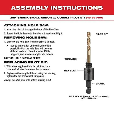Hole saw arbor assembly instructions diagram showing 3/8-inch shank with cobalt pilot bit