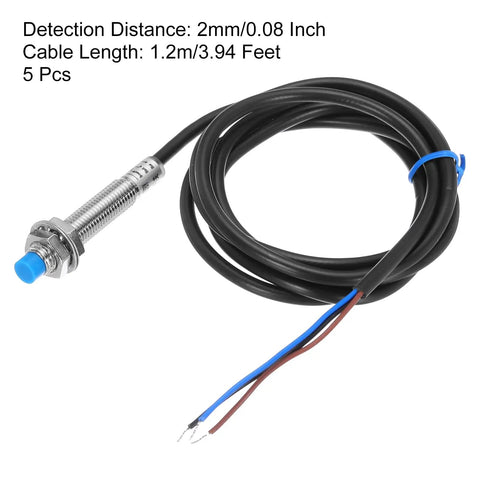 Inductive Proximity Sensor M8 Switch Normally Open PNP DC 6-36V 2mm Sensing Distance, 3.9ft Lead, 5Pcs Pack displayed with cable