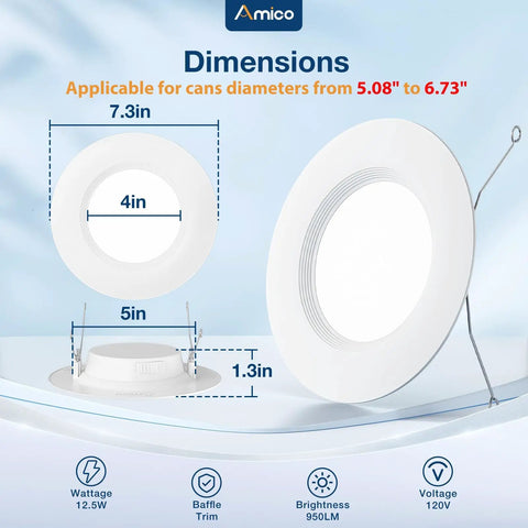 Dimensions illustration for 16 Pack 5 To 6 Inch Recessed LED Can Lights With Baffle Trim Dimmable IC And Damp Rated 12.5W