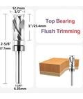 Top Quality Compression Flush Trim Router Bit 1/4 Inch Shank Made With Durable Tungsten Carbide For Cutting MDF, Plywood, And Hardwoods With Smooth Edges Perfect For Sign Carving Projects In Your Workshop. Image showing dimensions and top view.