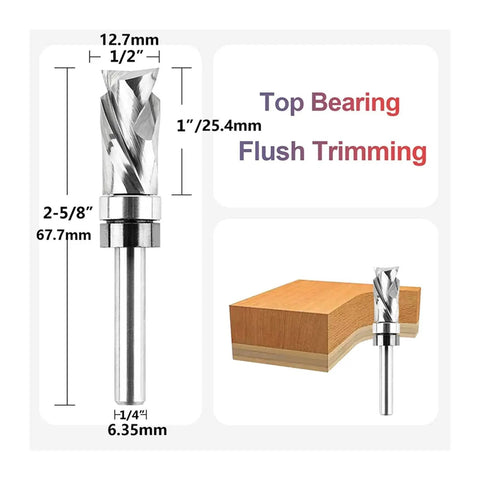 Top Quality Compression Flush Trim Router Bit 1/4 Inch Shank Made With Durable Tungsten Carbide For Cutting MDF, Plywood, And Hardwoods With Smooth Edges Perfect For Sign Carving Projects In Your Workshop. Image showing dimensions and top view.
