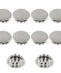12 Pack Stainless Steel Knockout Plugs For Electrical Boxes Featuring Knurled Grip And No Sweat Tap In Install Rock Solid Seal, showing metal plugs.