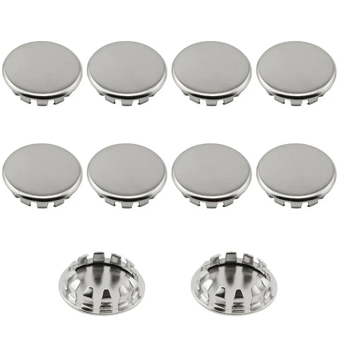 12 Pack Stainless Steel Knockout Plugs For Electrical Boxes Featuring Knurled Grip And No Sweat Tap In Install Rock Solid Seal, showing metal plugs.