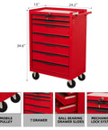 Premium 7 Drawer Rolling Tool Chest With Slick Ball Bearing Slides And Locking Caster Wheels, Beefy Carbon Steel Mechanics Cabinet with key lock.