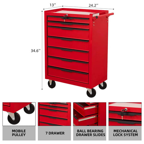 Premium 7 Drawer Rolling Tool Chest With Slick Ball Bearing Slides And Locking Caster Wheels, Beefy Carbon Steel Mechanics Cabinet with key lock.