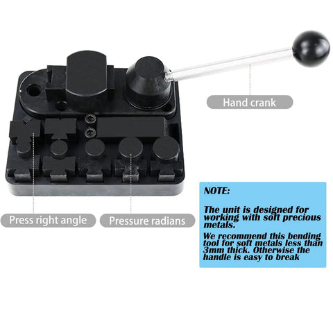 Multi Functional Ring Bending Tool For Jewelry Making with handle, black steel construction, labeled details.