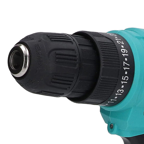 Heavy Duty 12V Cordless Drill Driver Featuring Dual Speed Transmission And Two Hardcore 6000mAh Batteries For Fast Framing close-up of drill chuck.