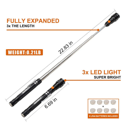 Magnetic Pickup Tool With Telescoping Flashlight And Extendable Magnet Stick Three Bright LED Lights For Tight Corners Includes Eight Batteries A Perfect Gift For Him Dad Boyfriend Men On Birthdays Or Fathers Day
