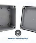 Weatherproof Outdoor Electrical Junction Box 10 by 8 by 4 Inches IP65 Dustproof and Waterproof Enclosure Built Rugged and Tough As Nails For Outdoor And Indoor Use Wall Mount Polystyrene Plastic With Rubber Seal Universal Conduit Box open view with weatherproof seal