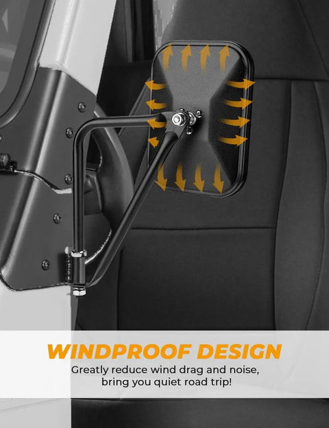 Pair Of Doorless Side Mirrors For Wrangler YJ TJ JK JKU JL JLU Gladiator JT 1987 To 2026 with windproof design and hinge mount