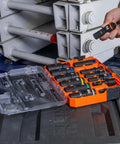 Deep Well Impact Socket Set With Half Inch Drive SAE Color Coded 14 Piece in MODbox case open on workbench