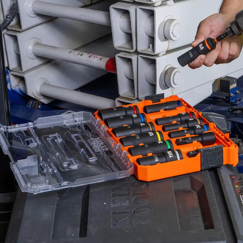 Deep Well Impact Socket Set With Half Inch Drive SAE Color Coded 14 Piece in MODbox case open on workbench