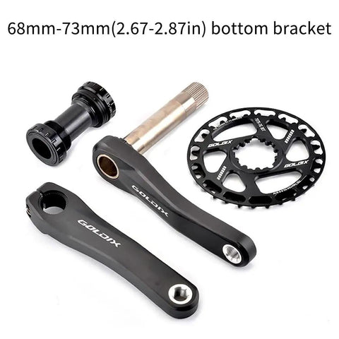 Lightweight Hollow Integrated Mountain Bike Crankset 68mm-73mm bottom bracket, chainring, aluminum alloy construction.