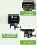 Automatic Fish Feeder For Home Tank Programmable Timer Setup shows battery compartment and adjustable clamp for easy fitting.