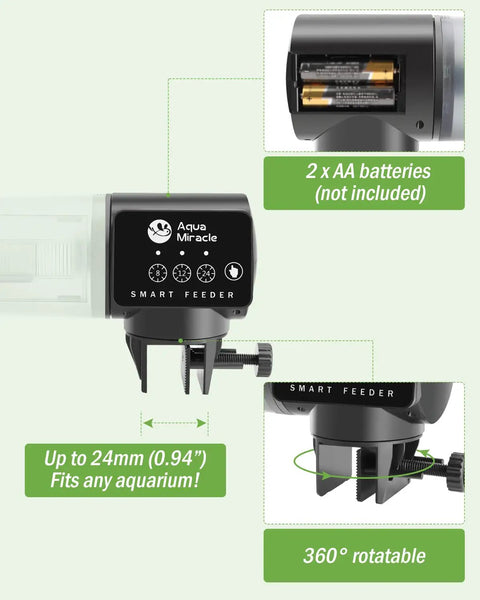 Automatic Fish Feeder For Home Tank Programmable Timer Setup shows battery compartment and adjustable clamp for easy fitting.