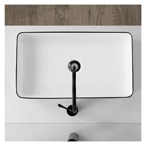 USZWBY Vessel Sinks Small Apartment Bathroom Balcony Ceramic Wash Basin Above The Nordic Simple Black Edge Household Bathroom Bowl Sink viewed from above.