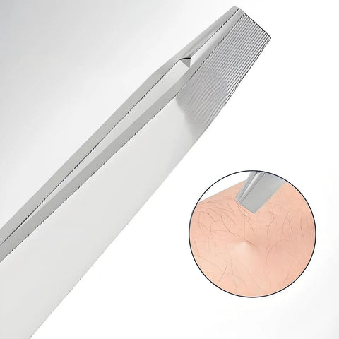 Close-up of stainless steel tweezers removing hair, part of Eyebrow Tweezers Set For Precision Hair Removal And Facial Grooming