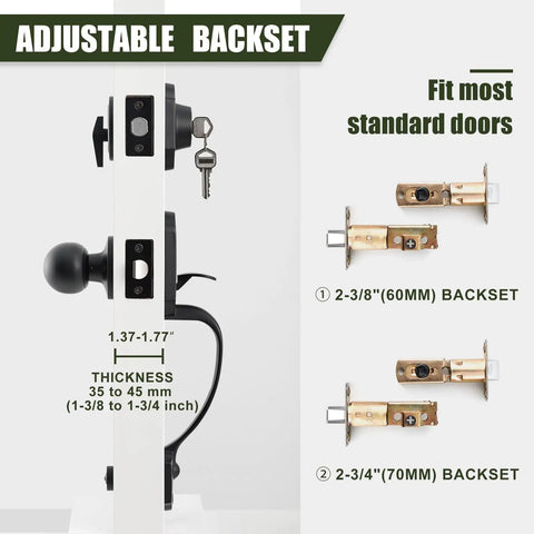 Beefy Matte Black Double Door Lock Set With Deadbolt And Dummy Front Handle fits doors 1-3/8 to 1-3/4 inches thick, adjustable latch