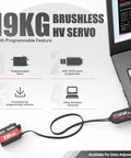 19KG programmable brushless HV servo setup with laptop connection for data adjustment, Low Profile Programmable Digital Servo With Beefy Torque And Brushless Full Metal Gear 0.073Sec Speed 25T Metal Horn For 1/10 RC Car Smooth 180 Degree Throw A50BHL