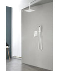 16" Rain Systems Wall Mounted Shower with white finish, hand shower, mounted on a light gray wall for modern bathroom.