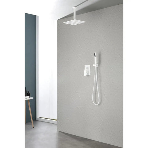 16" Rain Systems Wall Mounted Shower with white finish, hand shower, mounted on a light gray wall for modern bathroom.