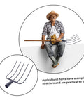 Man with straw hat sitting holding Manure And Grass Fork Handheld Tool For Outdoor Yard Cleanup Multi Functional Iron Fork With Five Point Solid Tines Durable Farm Tool For Grass Manure Compost And Debris Cleanup. Close-up of fork tines.
