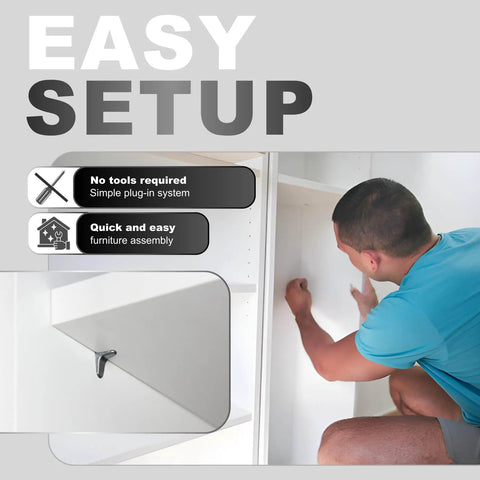 Person assembling furniture using Heavy Duty Cabinet Shelf Support Pegs Tough As Nails Rustproof Steel Pin Hardware With Grippy Anti Slip Inserts For Rock Solid Cabinet And Furniture Setup 20 Piece Set.