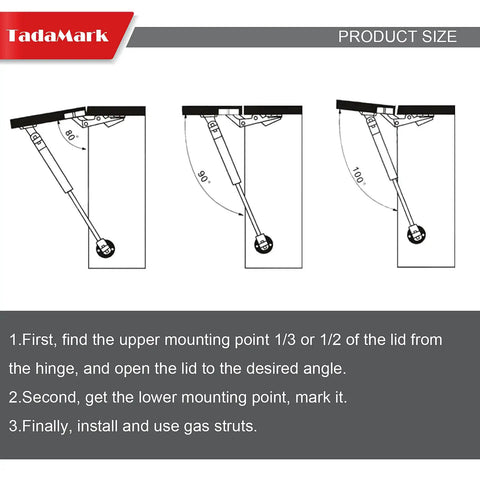 Diagram showing installation steps for Rugged Gas Struts With Mounting Brackets 17 Inch Lift Supports for toolboxes and RV hatches.