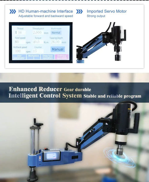 Heavy Duty Electric Tapping Machine With 360 Degree Universal Tapping Arm And 9Pcs Ansi Collets Built Tough For Smooth M3 To M16 Threading showing interface and motor.
