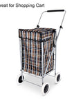 Shopping cart with plaid fabric cover on metal frame, featuring 2 Pack 5 Inch Shopping Cart Replacement Wheels Rubber Foaming Black Durable Wheel Set