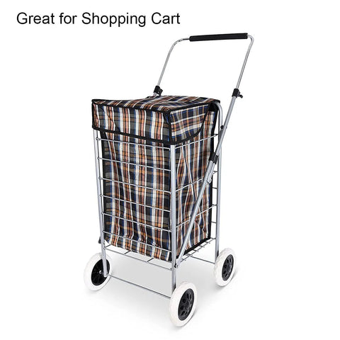 Shopping cart with plaid fabric cover on metal frame, featuring 2 Pack 5 Inch Shopping Cart Replacement Wheels Rubber Foaming Black Durable Wheel Set