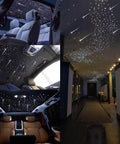 Lit Starry Sky Fiber Optic Lights Kit 16W for car and home, showcasing meteor ceiling light effect and remote app control in use.