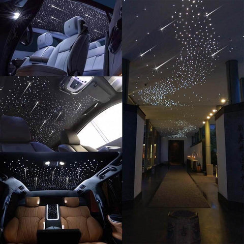 Lit Starry Sky Fiber Optic Lights Kit 16W for car and home, showcasing meteor ceiling light effect and remote app control in use.