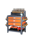 Heavy Duty Steel Workbench With Smart Storage Cabinet And Wall Pegboard For Garage Tools, featuring storage drawers and parts bins.
