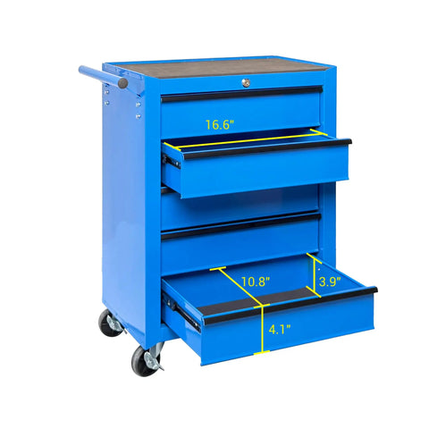 Heavy Duty 20 Inch Rolling Tool Chest Featuring 5 Slick Ball Bearing Drawers Rock Solid 360 Swivel Casters Scratch Proof Steel Work Top Blue Garage Organizer with three open drawers.