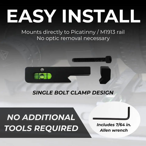 Easy install Picatinny Rail Leveling Kit with Ultra Low Profile Anti Cant Bubble Level, 7/64 Inch Allen Wrench included.