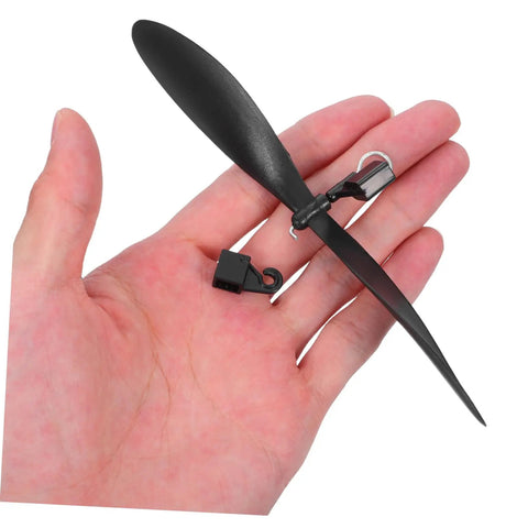 Model Airplane Propellers, 10 Sets, 5.70-In Lightweight Fold-Resistant Blades, shown in hand with tail hook.