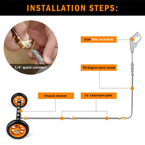 Installation steps for Undercarriage Pressure Washer Attachment With 16 Inch Dual Function Water Broom And 3 Piece Extension Wand