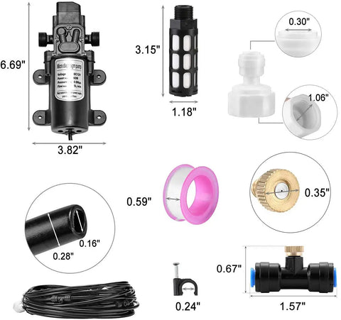 Parts of Outdoor Misting Cooling System Kit With Pump And Filter 49.2 Ft Misting Line With 20 Brass Nozzles Three Quarter Inch