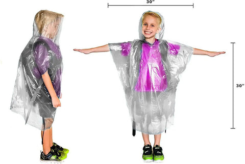 Family Pack Rain Ponchos For All Ages, 20 Clear Hooded Ponchos With Drawstrings shown on kids, side and front view, 30 inches tall